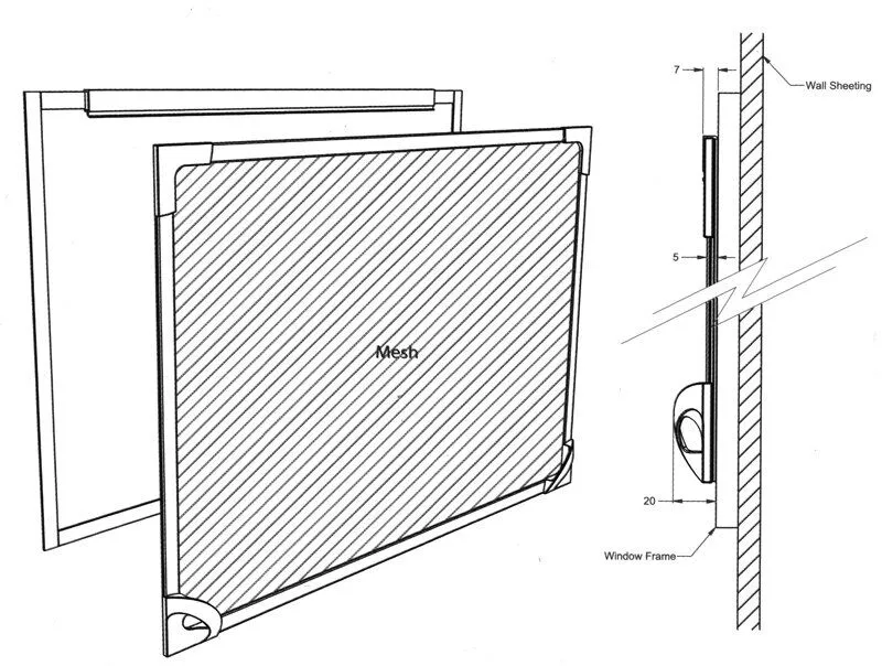 Diagram of a magnetic window screen showing the frame, mesh and magnetic edge that grips the joinery.