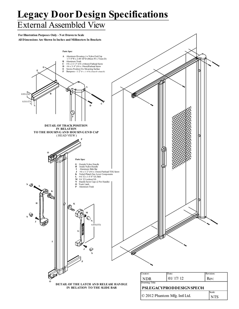 Legacy external assembly drawing showing the housing on the right, top and bottom tracks, sliding handle bar and mounting screw positions, with enlarged details of the track-to-housing connection and latch assembly.